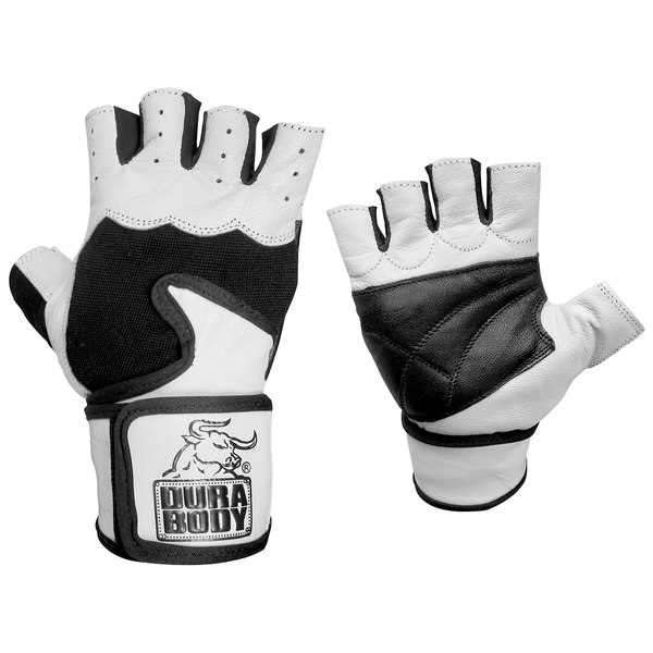 front and back of white workout gloves