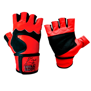 front and back of red weightlifting toro series glove 
