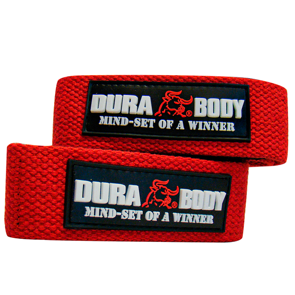 Pair of Red lifting straps with the Durabody logo