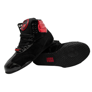 one shoe on top of the other, you can see the bottom of the shoe for the Black and Red Pro Level 2 Series sneakers