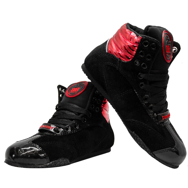 one on top of another, both angled away. for the Black and Red Pro Level 2 Series sneakers