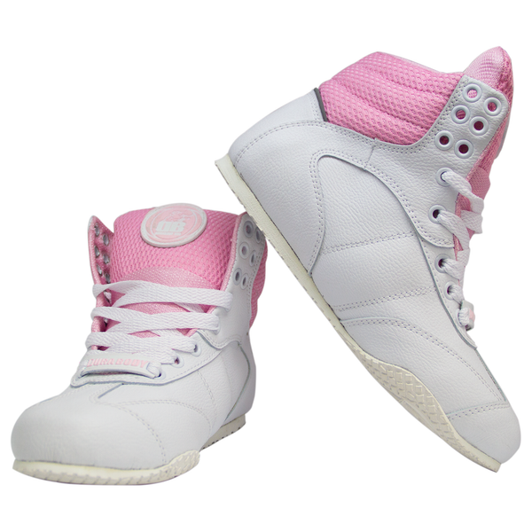 one shoe on top of the other angled away from each other. this is for the Pink and White Pro Level 2 Series