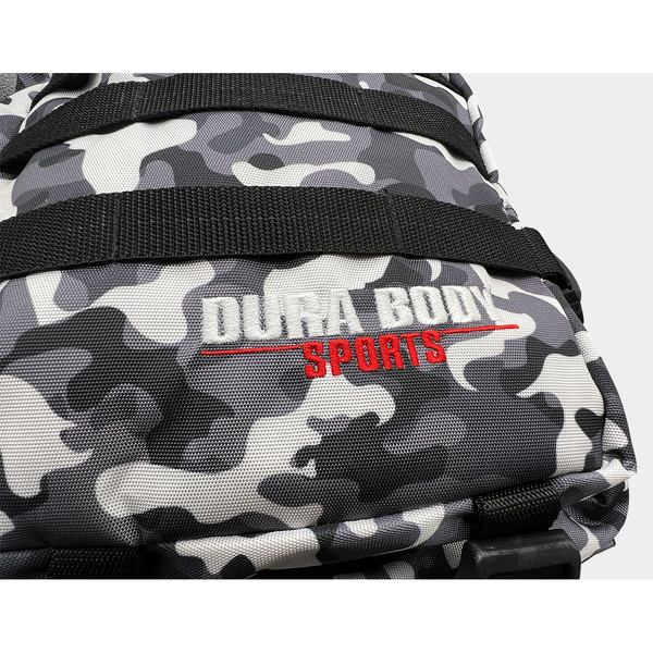 showing the front bottom logo of the white camo military bag 