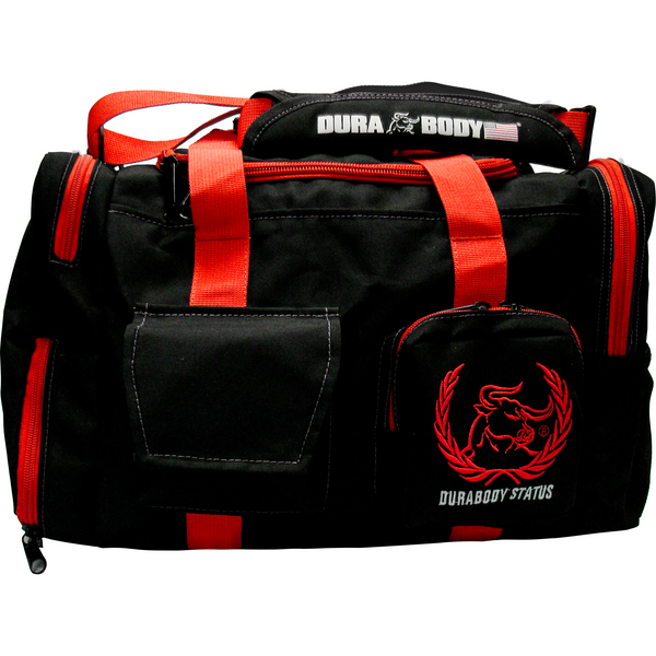 a shot of the front of the bag that has two pockets and on the pocket to the right it has one of the durabody logo