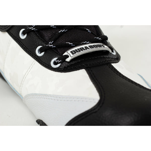 close up of front of the White & Black Pro Level 2, showing the stitching of the shoes 