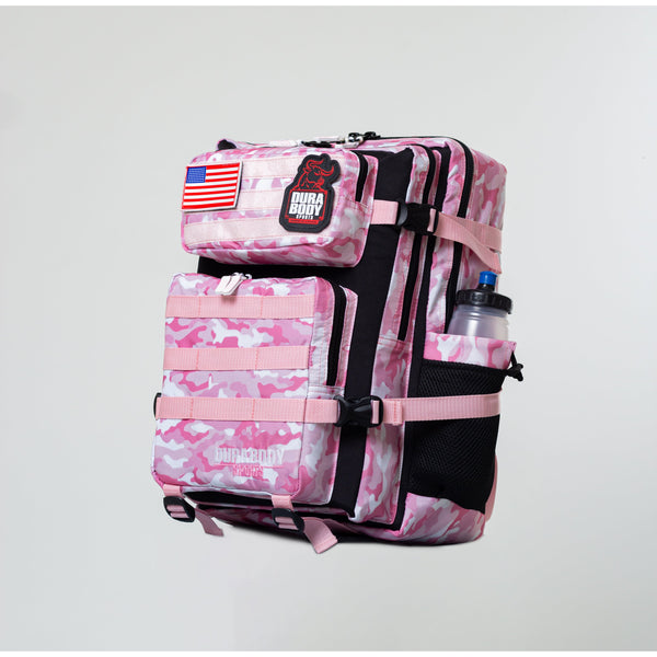 side angle of the pink camo military bag