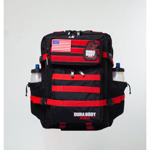 front of the black and red military bag
