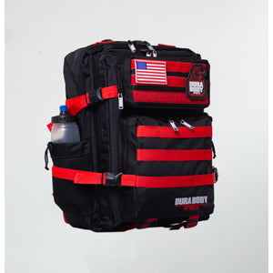side angle of the black and red military bag 