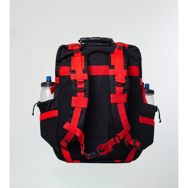 back of the black and red military bag 