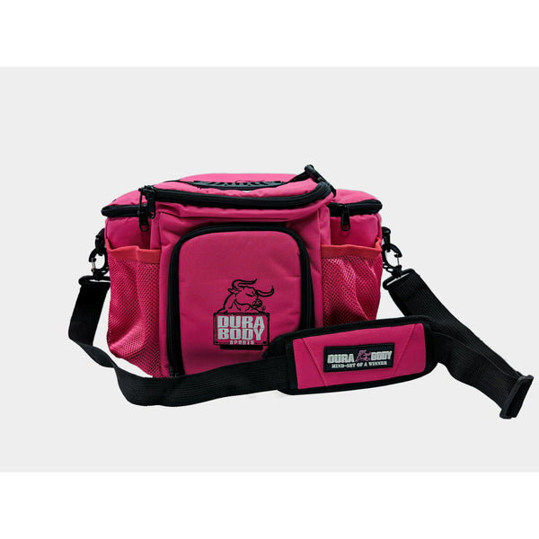 the front of the pink meal bag with the zipper closed, able to see the front logo