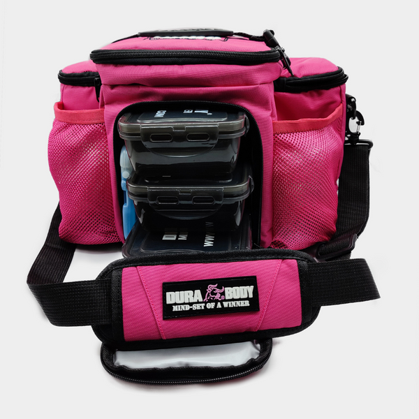 front of the pink bag 3 meal bag with the front zipper down, able to see the meal containers 