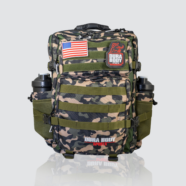 front of the green camo military bag 