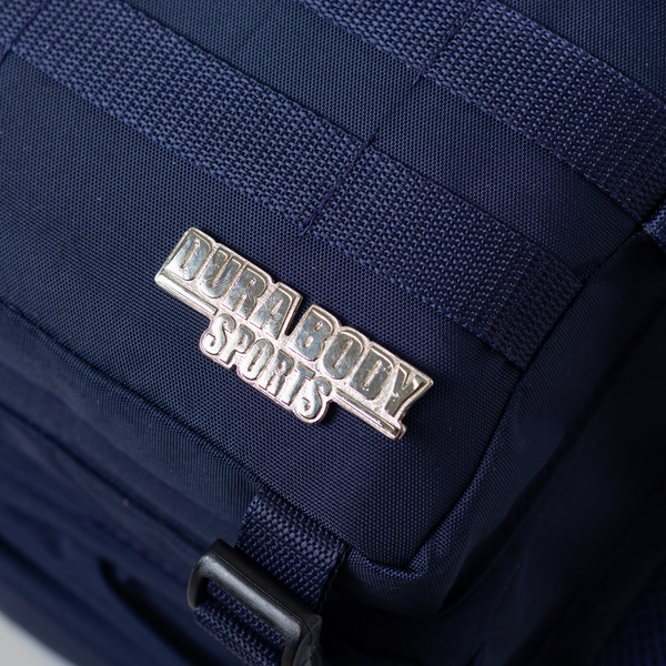 bottom right of the navy blue military bag, that shows logo 