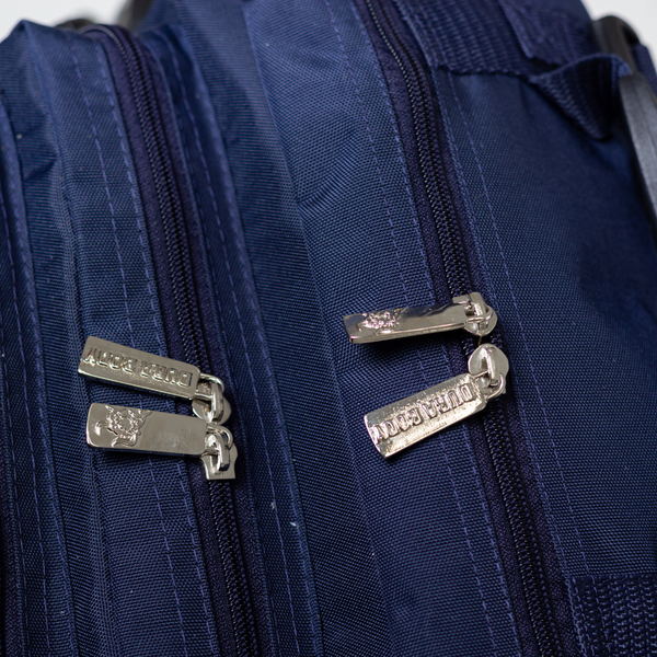 zippers of the navy blue military bag 
