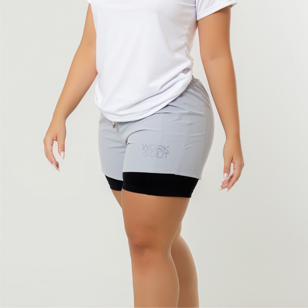 Pantalón corto de running de dos capas gris claro para mujer